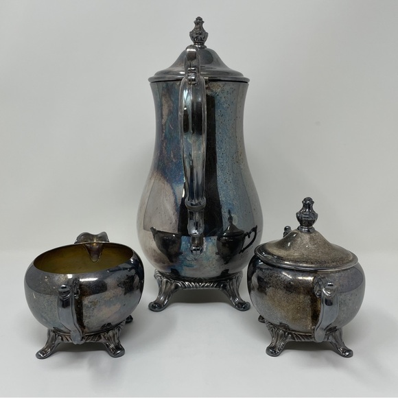 Antique WM Rogers 800 Silver Plate Footed Coffee Tea Pot, Creamer Serving Set - Picture 4 of 16